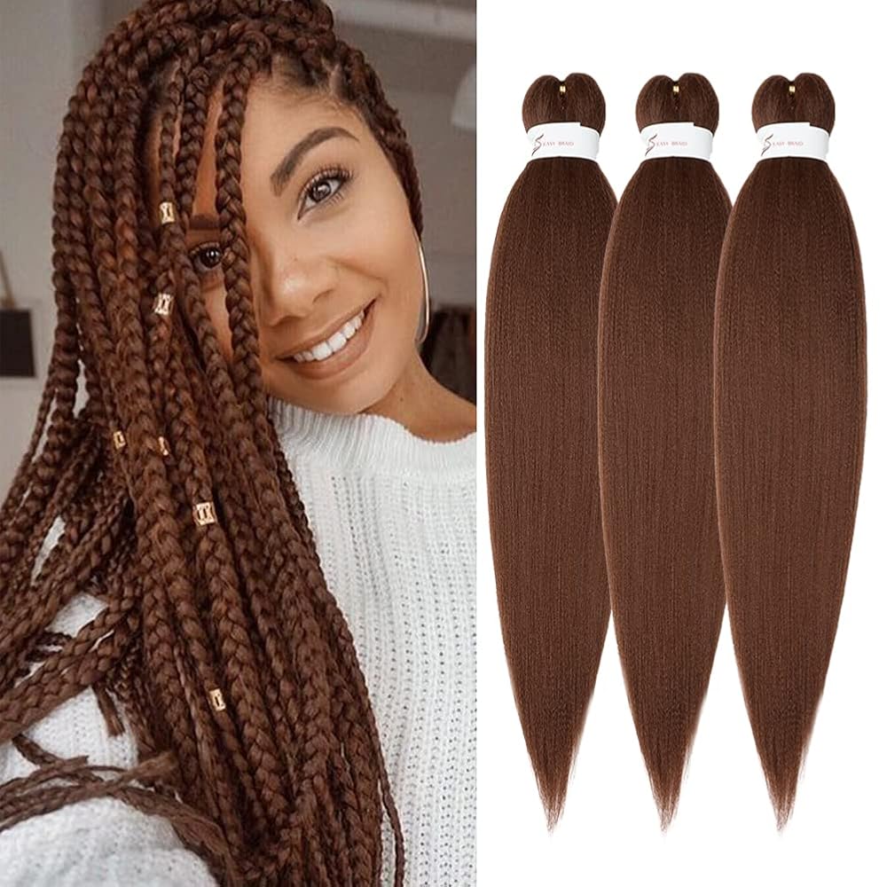 Braiding Hair Pre Stretched 24 inch 3 Packs Braiding Hair Soft Yaki Texture,No Itch, Hot Water Setting Synthetic Hair Extensions for Braids Auburn Brown(24in,30)