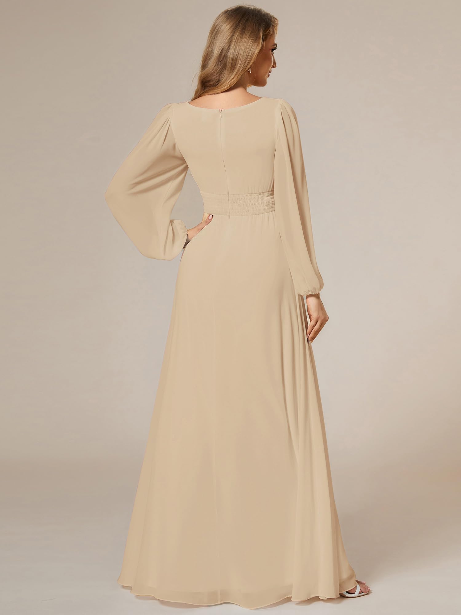 Ever-Pretty Robe Demoiselle d'honneur Femme Longue Manches Longues Col Rond Mousseline Chic Champagne 48