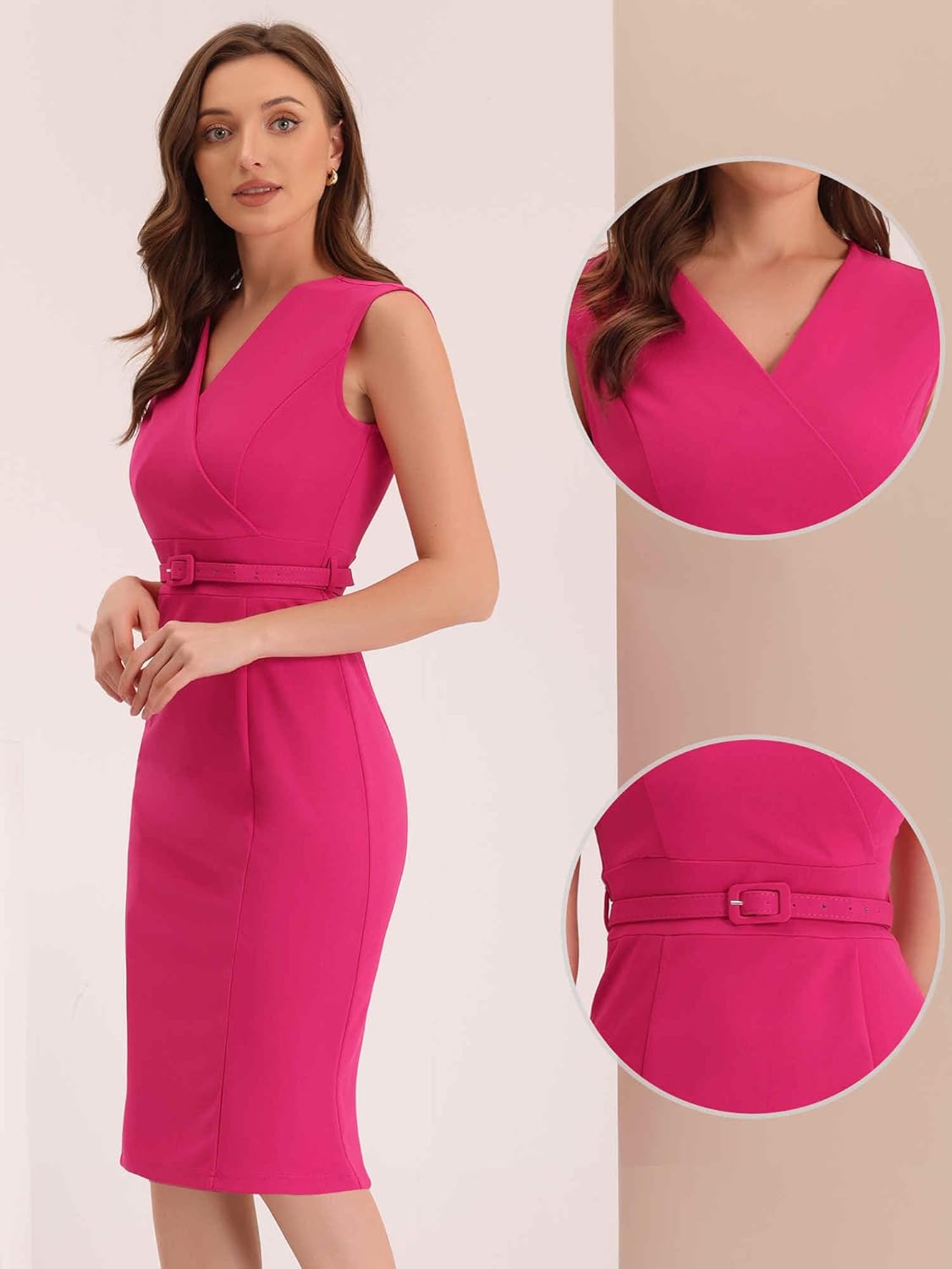 Allegra K Sheath Dress for Women's Sleeveless V Neck Business Office Belt Pencil Dresses - Image 4