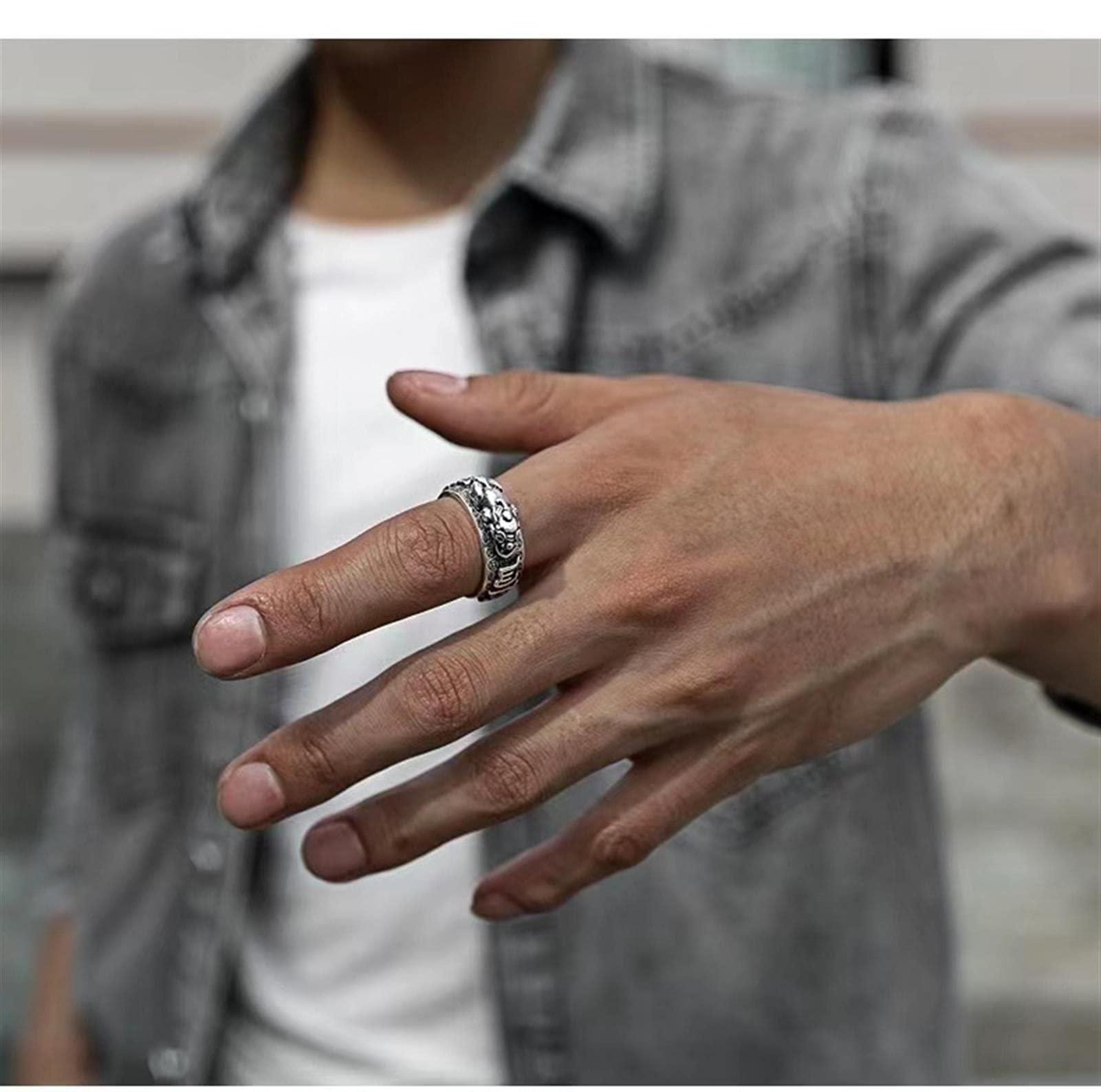 Feng Shui Pixiu Mantra Ring S925 Silver Buddhist Good Luck Amulet Mantra Double Protection Wealth Love Health Ring Gift for Men Women Adjustable,005