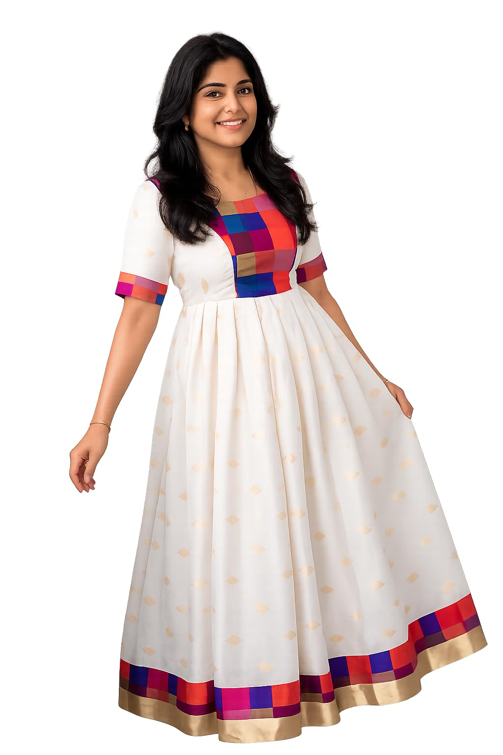 Women’s Kerala Kasavu Butta Maxi Dress with Madras Checked Design Border-image-30