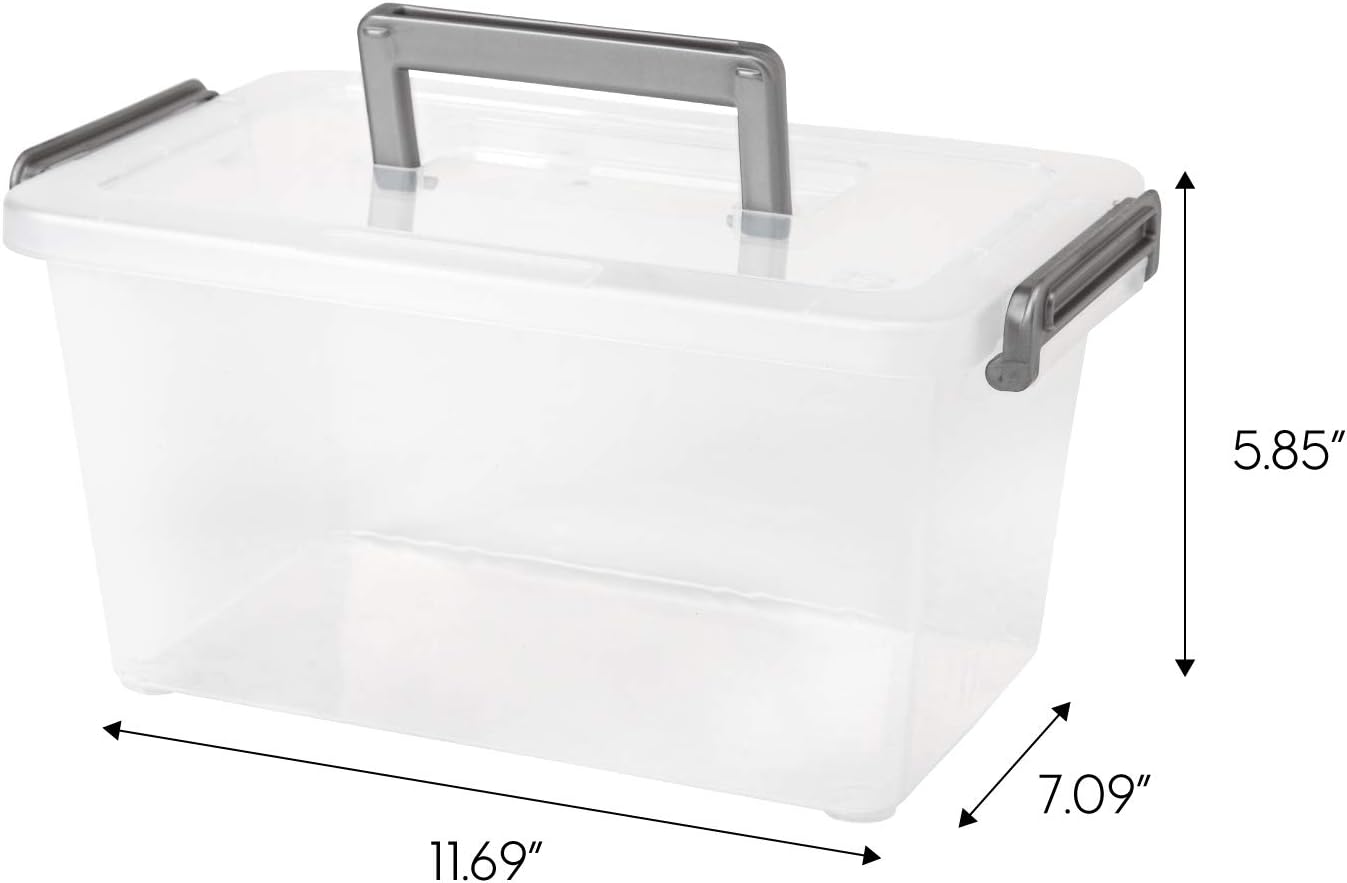 IRIS USA 5 Quart Clear Plastic Storage Bins with Secure Buckles and Portable Handle for Organizing Stationery, Craft, Toys, Health, Beauty and Household Supplies, Medium Deep, Clear/Silver, 6 Pack