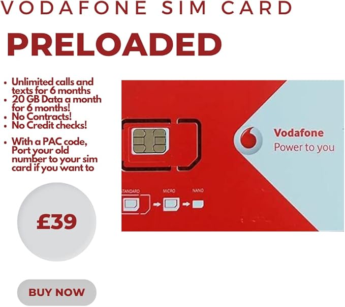 Vodafone Sim Card Preloaded with 20GB Data Unlimited Calls and Texts