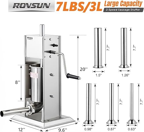 Miniatura 8 de ROVSUN Relleno manual de salchichas de 7 libras3 L, máquina de embutido vertical de acero inoxidable de dos velocidades, máquina de llenado de carne