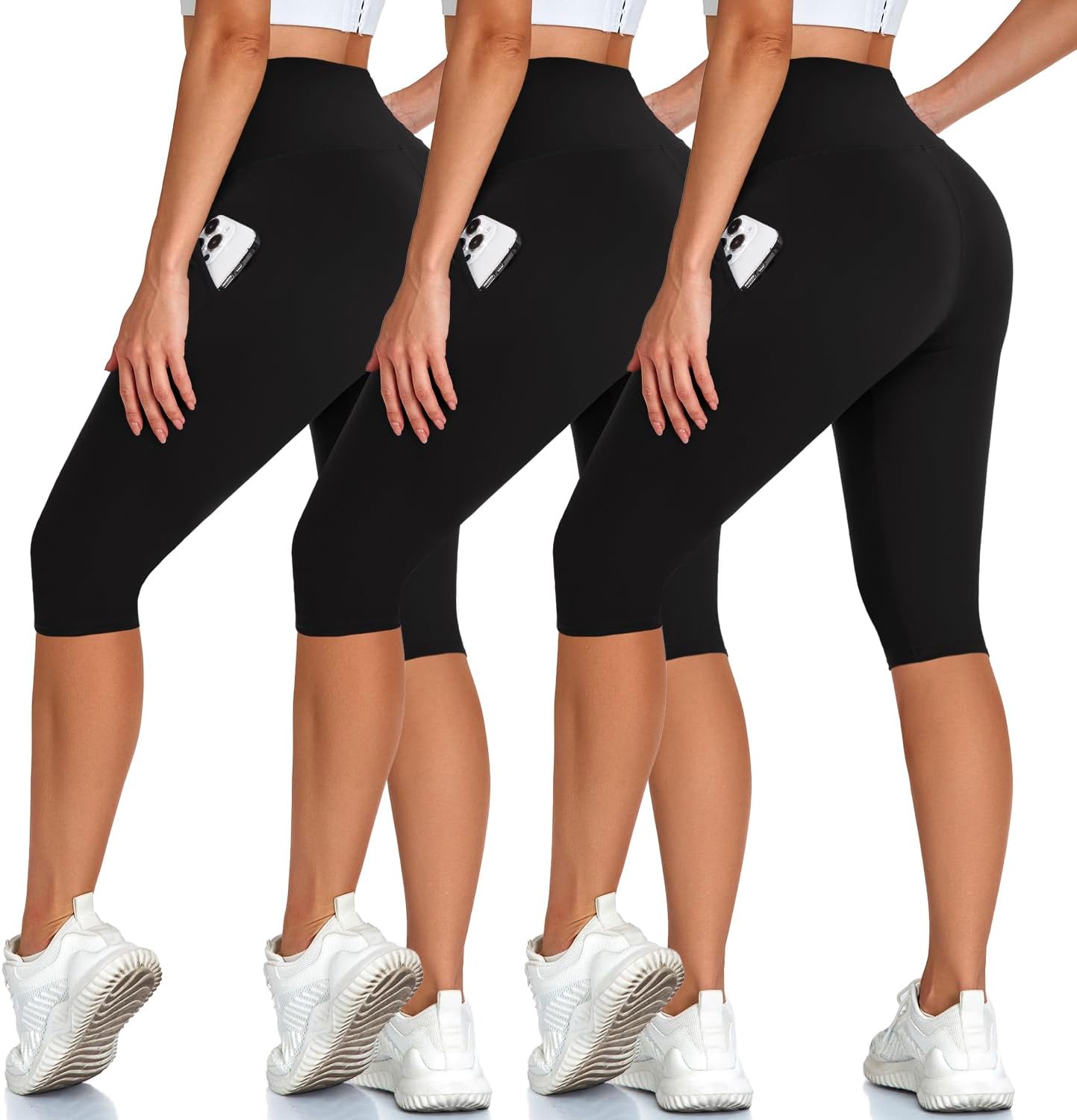 High Waisted 3 Pack Women's Capri Pants - Knee Length Yoga Shorts, Biker Workout Leggings for Women,Summer Activewear
