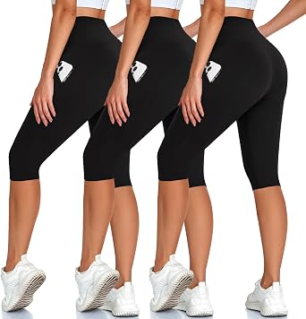 High Waisted 3 Pack Womens Capri Pants - Knee Length Yoga Shorts, Biker Workout Leggings for Women,Summer Activewear