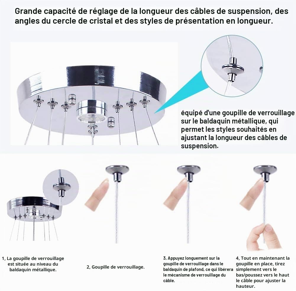 Lustre en cristal moderne LED 3 anneaux plafonnier LED suspension réglable en acier inoxydable pour chambre salon salle à manger (chaud)