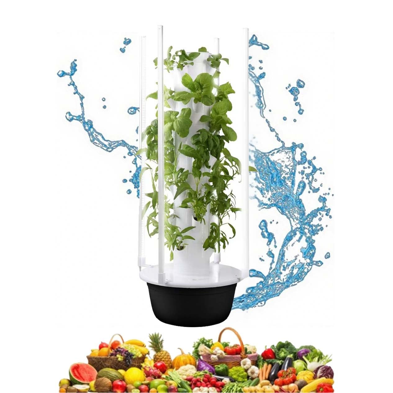 Tour de Culture hydroponique sans Terre avec LED & système d’arrosage Intelligent – Potager Vertical pour Balcon ou Maison – 5/7/9 étages – ABS Alimentaire sans BPA(28Holes+LED)
