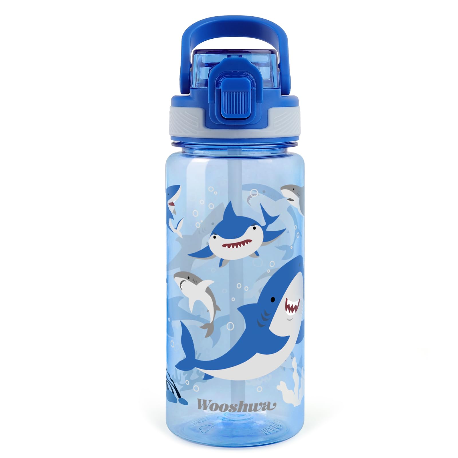 wooshwa Kids Water Bottle with Straw for School, 600ml/20 Oz Plastic Water Bottle with Silicone Spout and Pop-Up Cover, Leakproof & Dishwasher Safe (Shark)