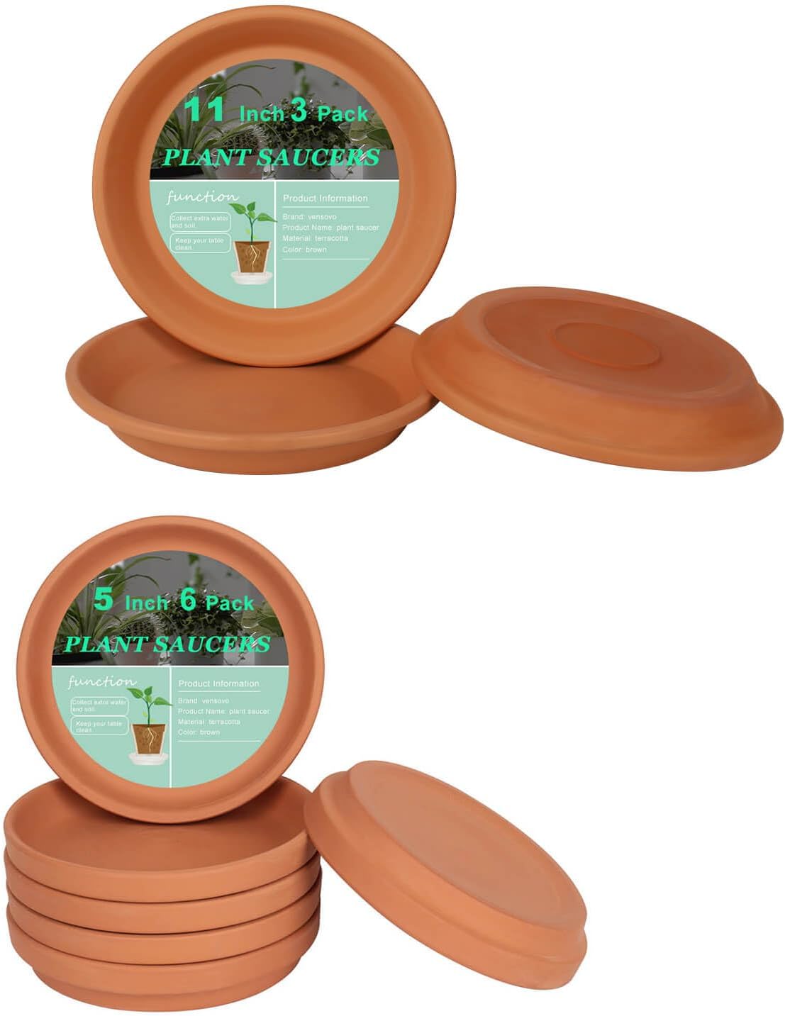 vensovo 5 Inch Terracotta Saucer and 11 Inch Terracotta Pot Plant Saucer - 6 Pack Mini Clay Saucer and 3 pcs Large Round Plant Pot Saucers, Great for Indoor or Outdoor