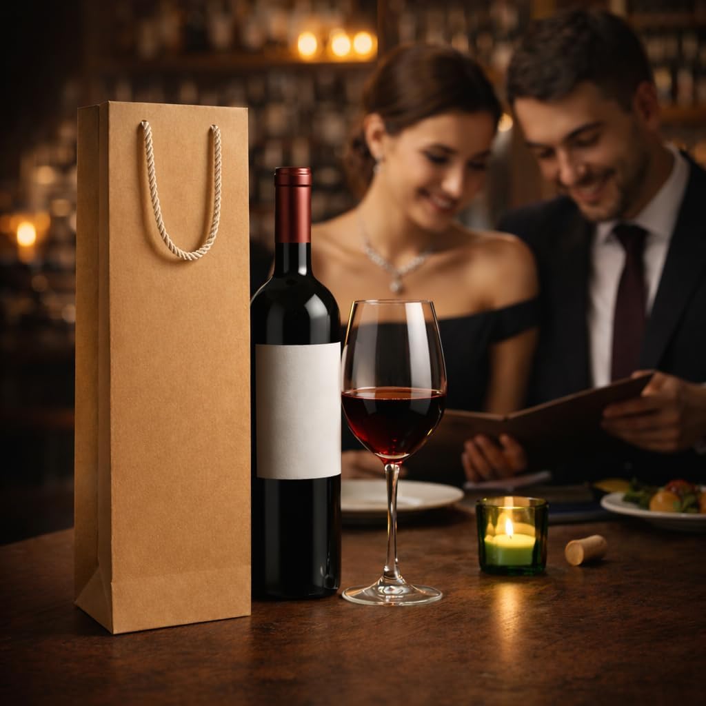 excvalues Wine Gift Bag Bulk 50 Pack Luxury Wine Bag 4.3x3.7x14 inch Sturdy Paper Wine Gift Bags with Handles for Party Birthday Wedding Christmas((Brown)