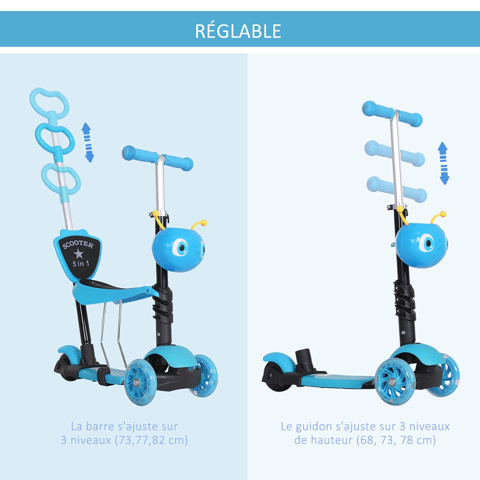 HOMCOM 3 en 1 Trottinette pour Enfants Trottinette 3 Roues évolutive Hauteur Guidon réglable Charge Max. 50 Kg Canne télescopique Selle Dossier Amovible