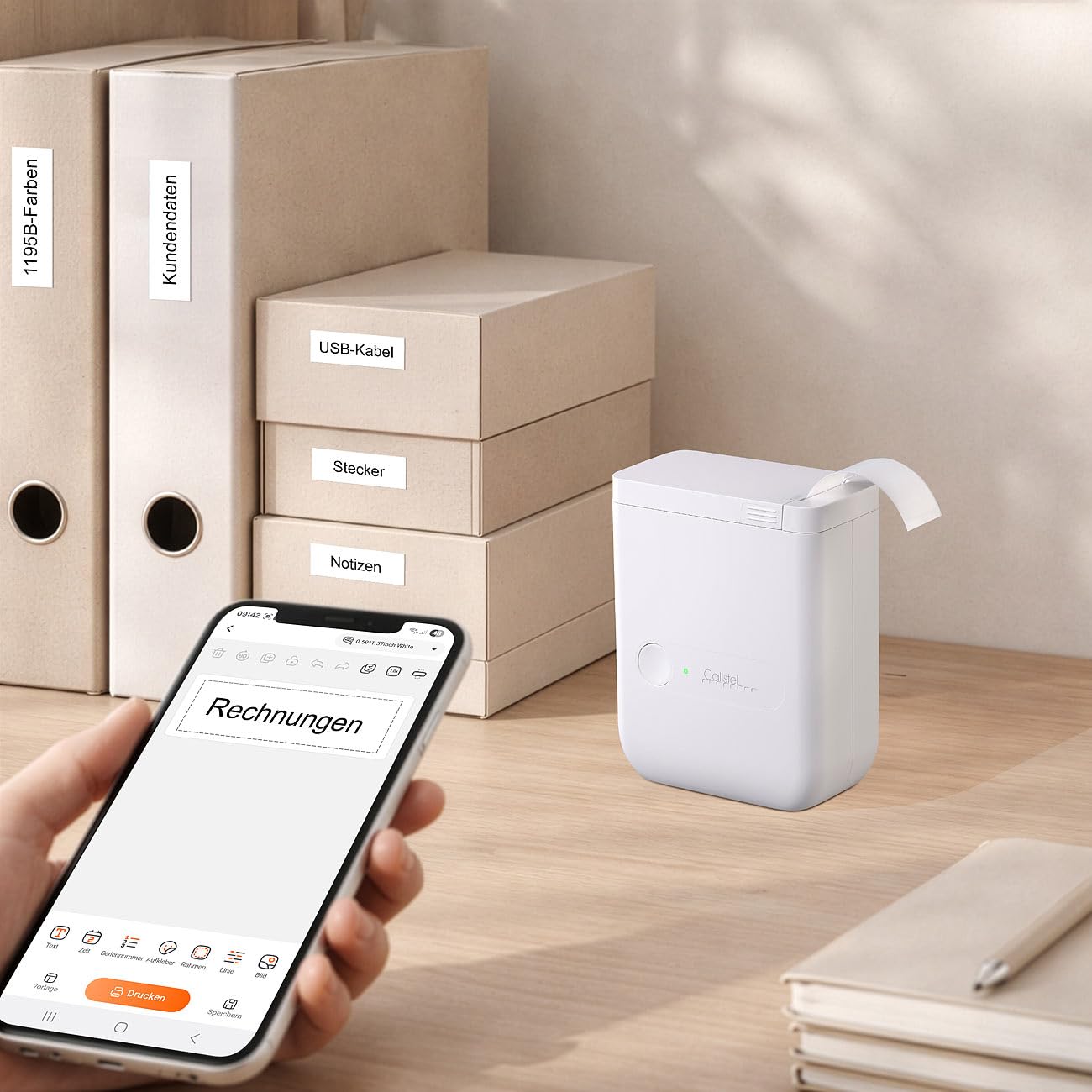 Callstel Etikettendrucker: Mobiler Akku-Thermo-Labeldrucker, 5 Etiketten-Rollen, Bluetooth, App (Etikettendrucker Android, Smartphone)