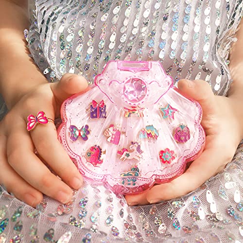 Elesa Miracle 12Pcs Children Kids Little Girl Adjustable Jewelry Pearl Rhinestone Rings In Box, Random Shape And Color, Girl Pretend Play And Dress Up Rings #TOP3