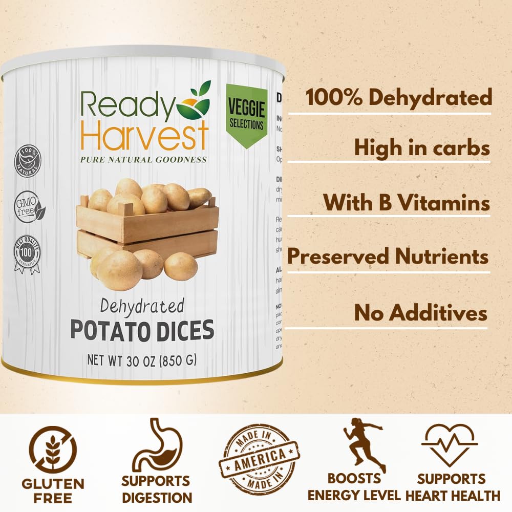 Ready Harvest Cibo disidratato - dadi di patate | Cibo di emergenza | Patate secche | Lattina #10 | Durata di conservazione di 30 anni | Lattine riempite fino in cima