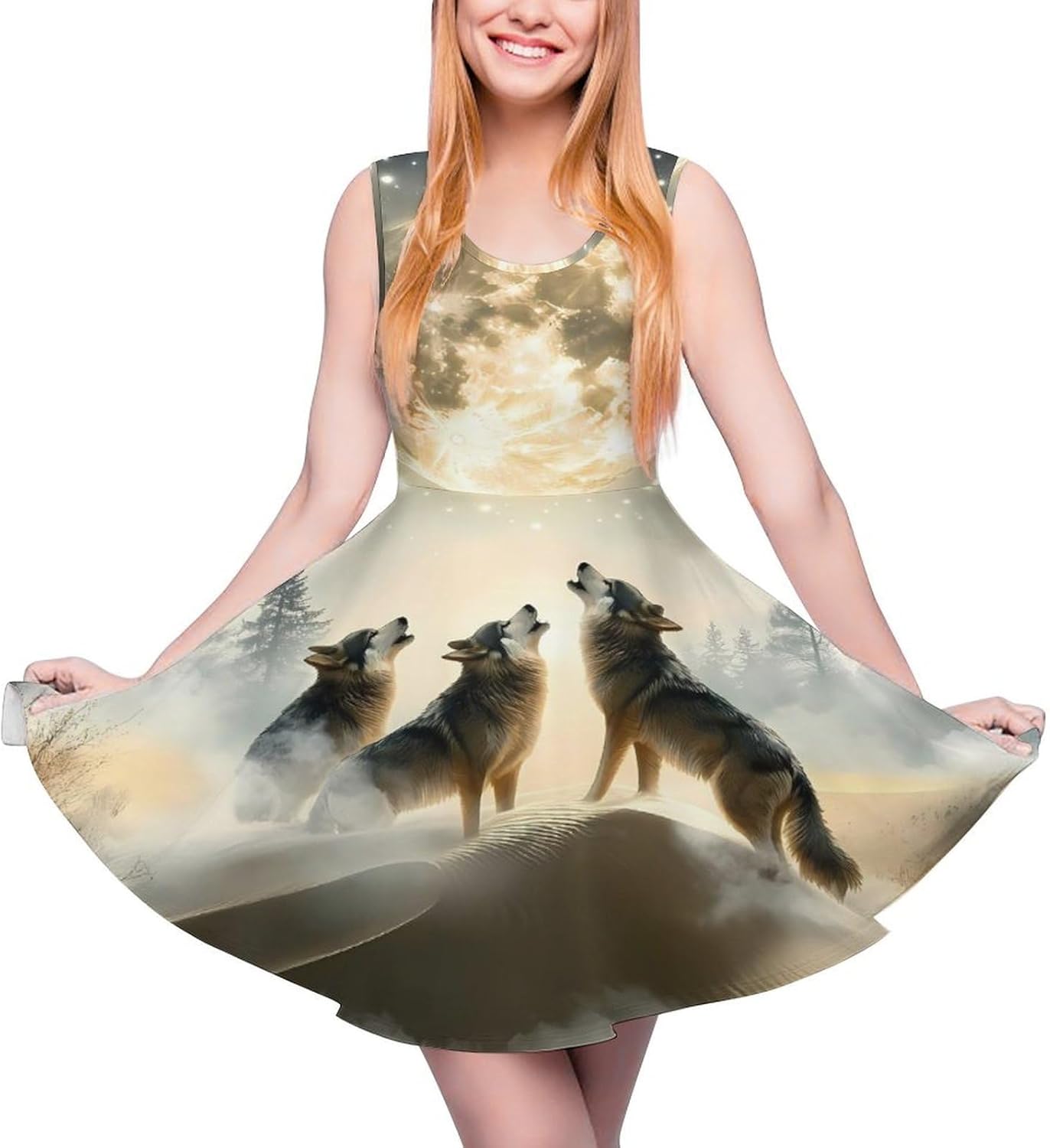 Wolf Howling to The Moon Women's Dresses Round Neck Dress Sleeveless Tank Dress Ruffle Hem Sundress