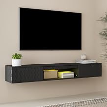 63 Floating TV Stand with LED Light, Wall Mounted TV Console Shelf with 2 Doors and 1 Open Shelf, Entertainment Center Media Console for 75 Inch TV Black-1