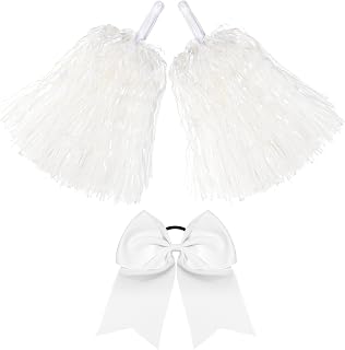 Hanaive 3 Pcs Cheerleading Pom Pom and Large Hair Bow, White