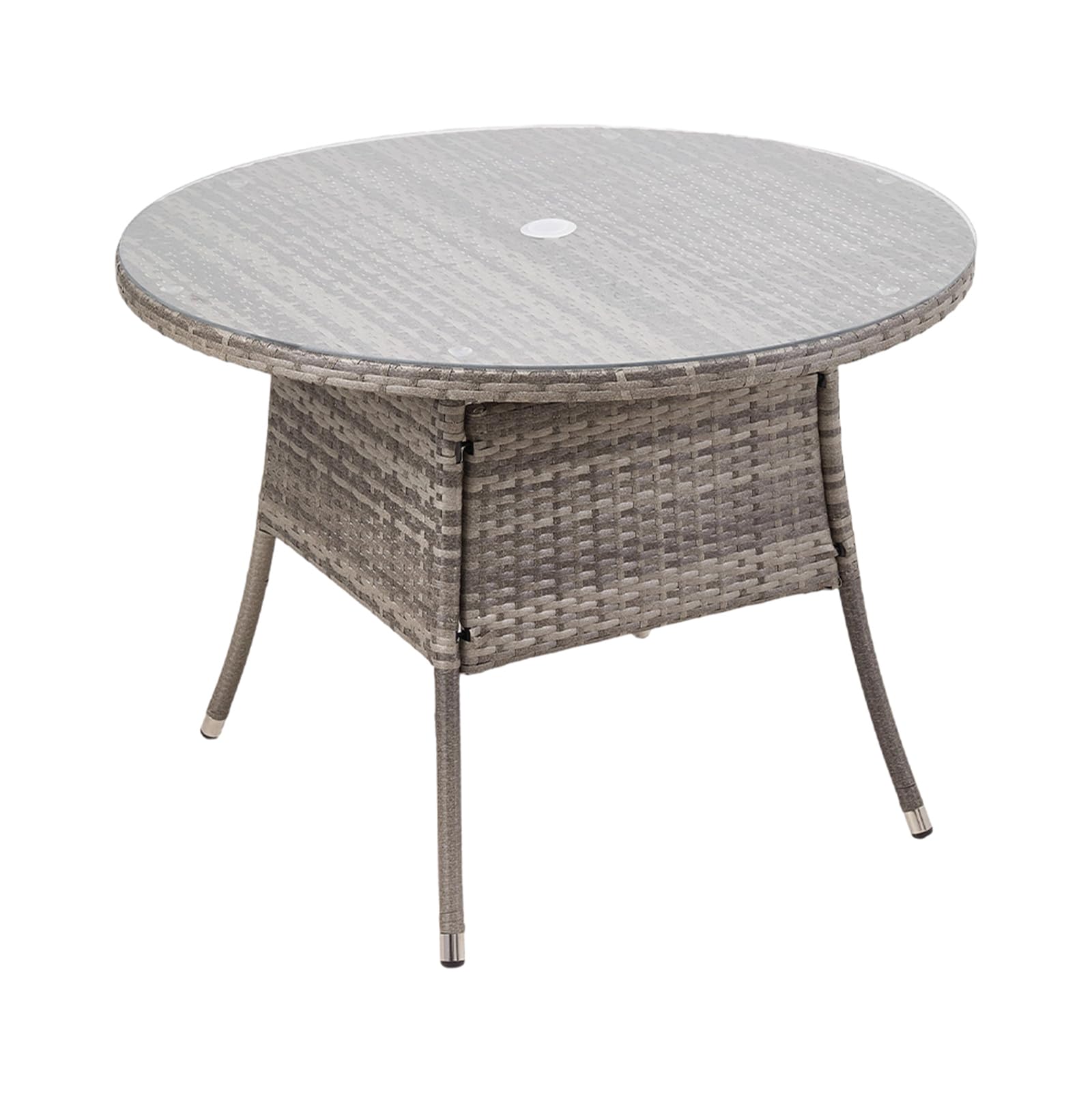 Warmiehomy Rattan Garden Table 100cm Round Outdoor Dining Table with Tempered Glass Tabletop Wicker Patio Tables with Parasol Hole Grey Outdoor Side Tables โ image 1