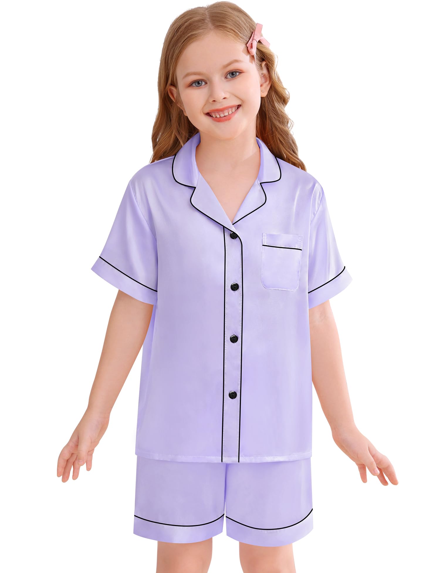 SWOMOG Kids Silky Satin Pajamas Set Girls Boys Button-Down Sleepwear Short Sleeve 2 Piece PJs Sets Lounge Sets