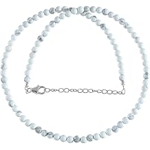 4mm Round Natural Gemstone Beaded Necklace with 925 Sterling Silver, 2-Inch Extension Chain, Adjustable Trendy Pearl Necklace for Women