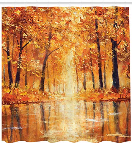 Ambesonne Country Shower Curtain, Painting Of A Forest By The Small Lake In Autumn Pale Fall Trees And Leaves Art, Cloth Fabric Bathroom Decor Set With Hooks, 69" W X 75" L, Orange Brown #TOP1