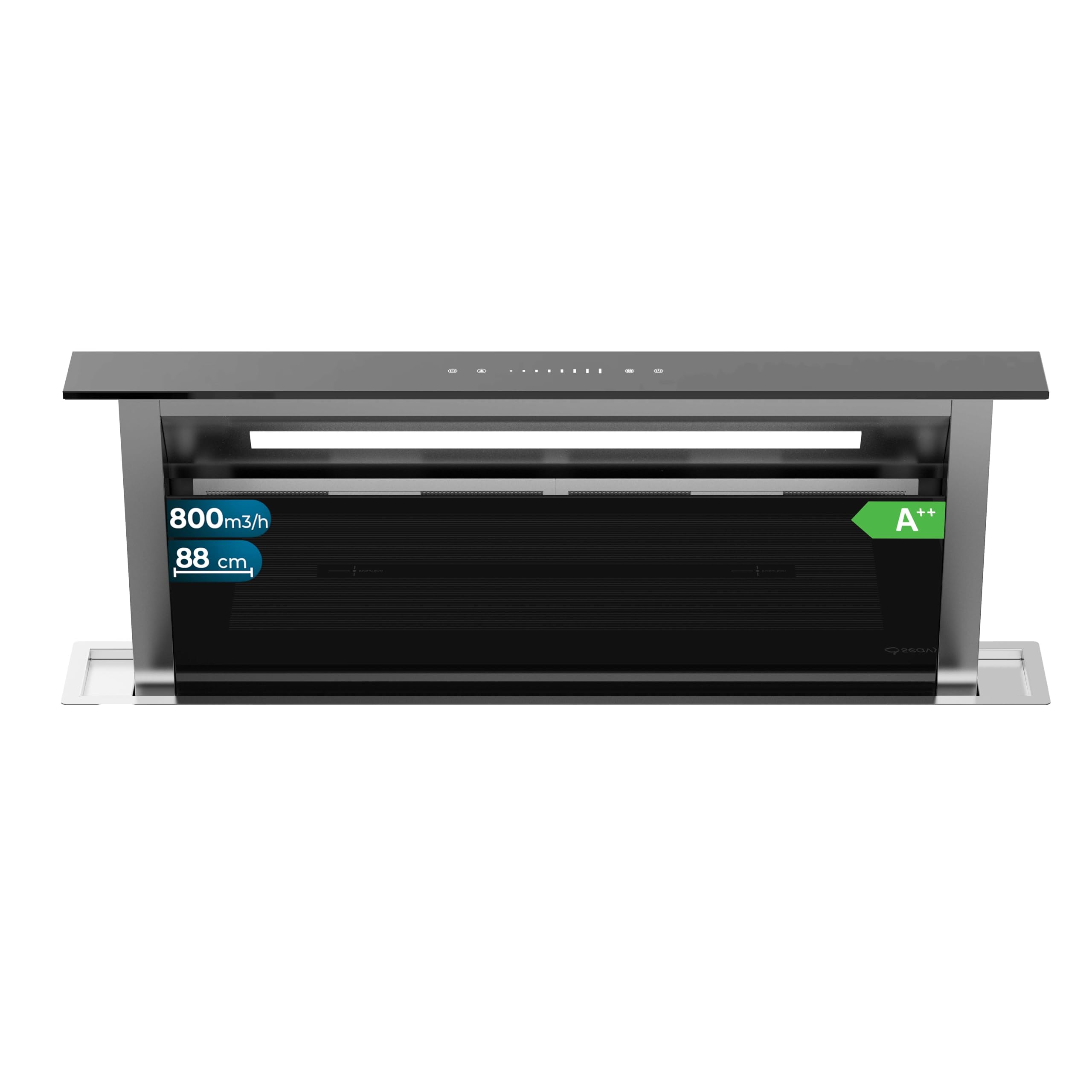 Cecotec Campana Extractora de Encimera 90m Bolero Flux ET 908000 Glass Black A++. 210W, Succión 800m3/h, 8 Velocidades, Slider Touch Control, Filtro Carbono, Acabado en Cristal Negro