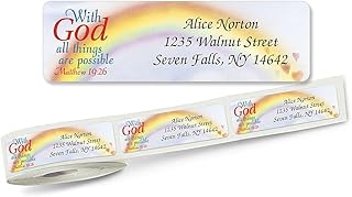 with God All Things are Possible Religious Rolled Personalized Return Address Mailing Labels with Dispenser, Set of 250, Small ¾ x 2½ Inch Size, Custom Self-Adhesive Sticker Roll, by Colorful Images