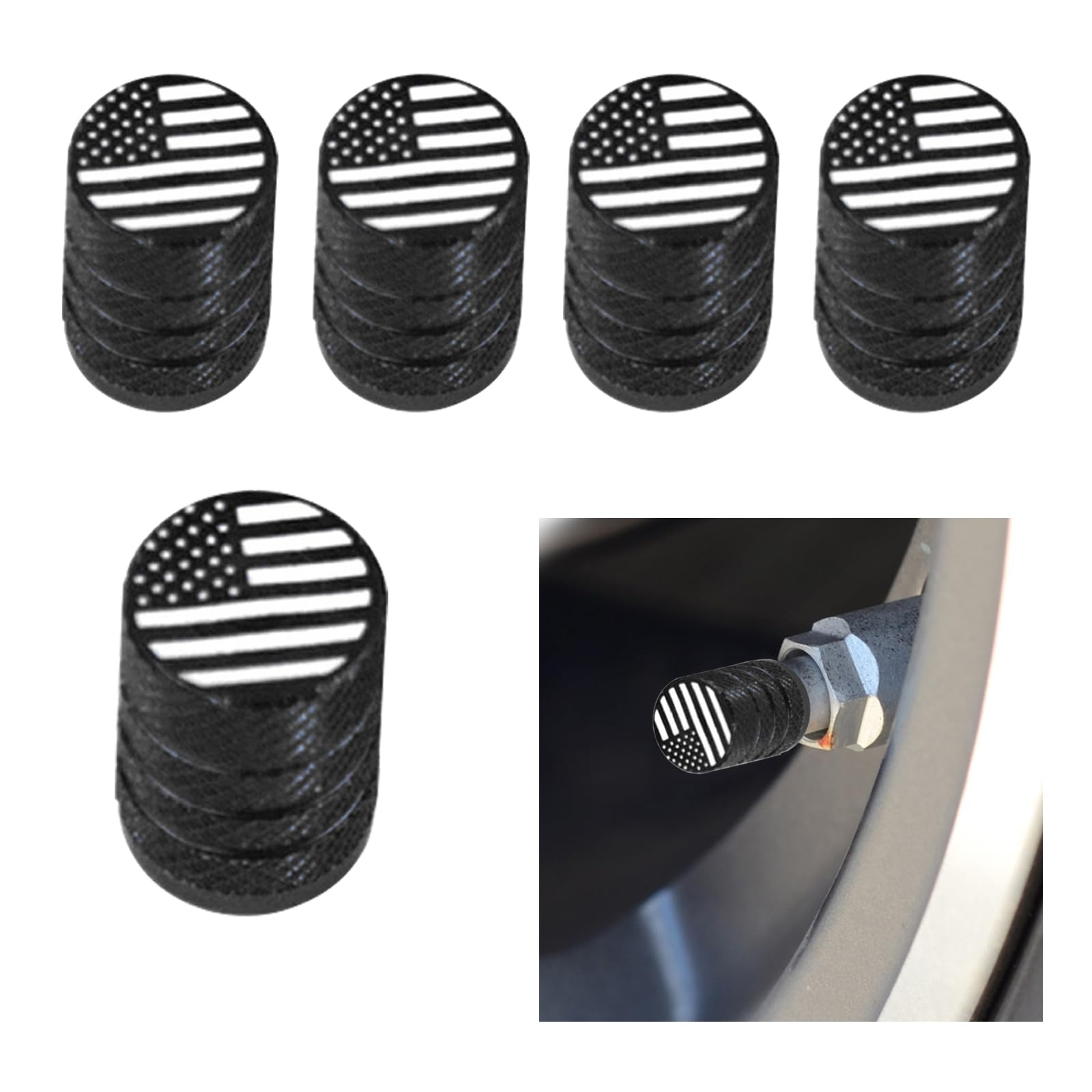 Pack-5 Tire Stem Valve Cover, 0.6" x 0.4" American Flag Tire Valve Caps for Cars SUVs Trucks (Black)