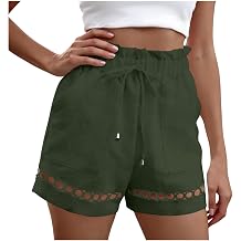 Women Cotton Linen Shorts Lightweight Elastic Waist Pleated Cutout Lace Trim Beach Short Summer Lounge Vacation Outfit