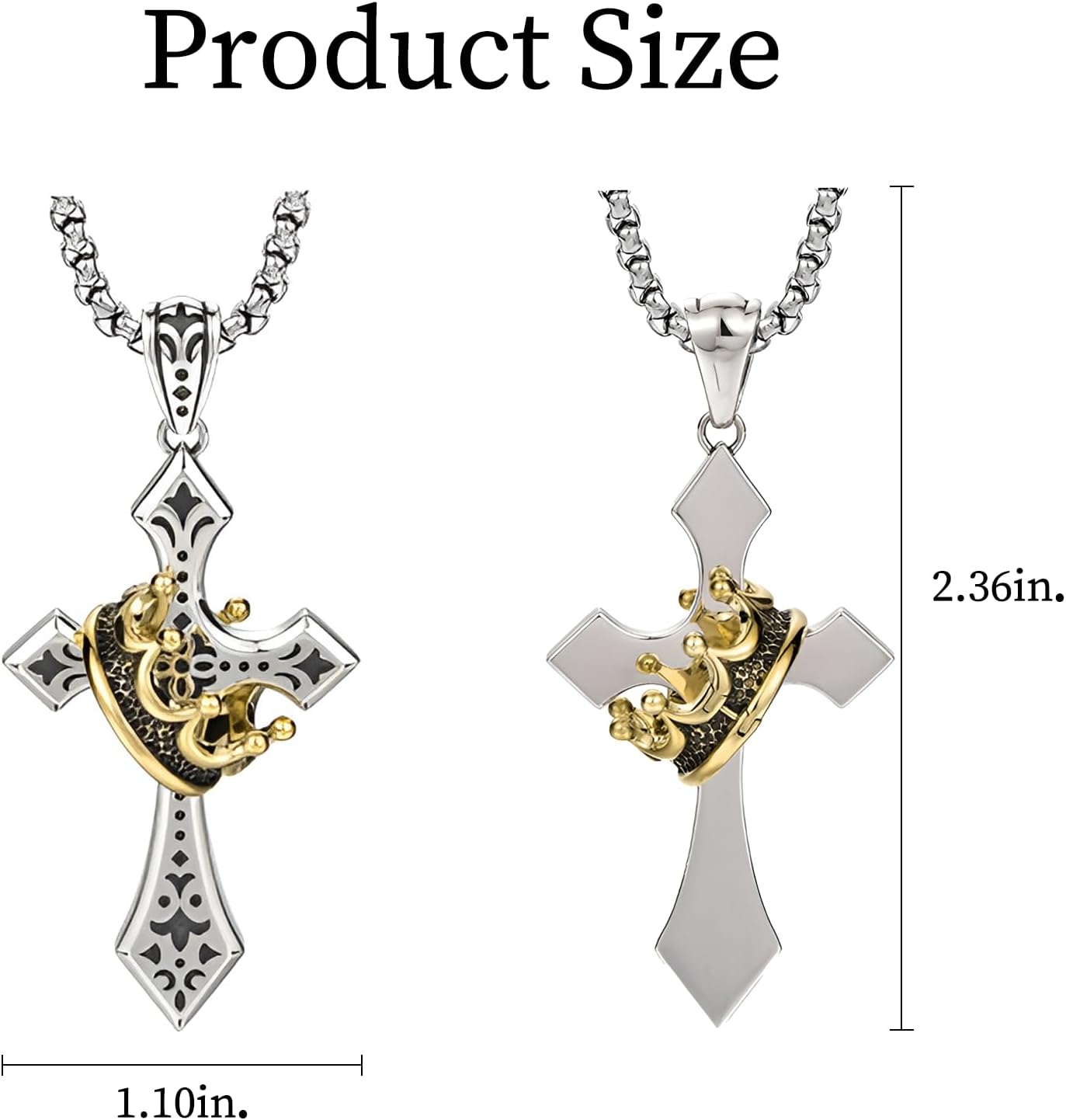 Elegant Cross Necklace for Men， Cross Pendant Necklace– Stainless Steel Chain with Detachable Crown Pendant