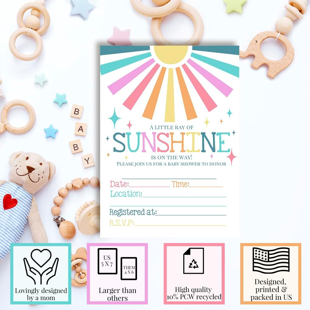 Amanda Creation Sunshine Baby Shower Invites Gender Neutral, 20 5x7 Double Sided Fill In Little Ray of Sunshine Baby Shower Invitations with Twenty White Envelopes Sunshine Cards