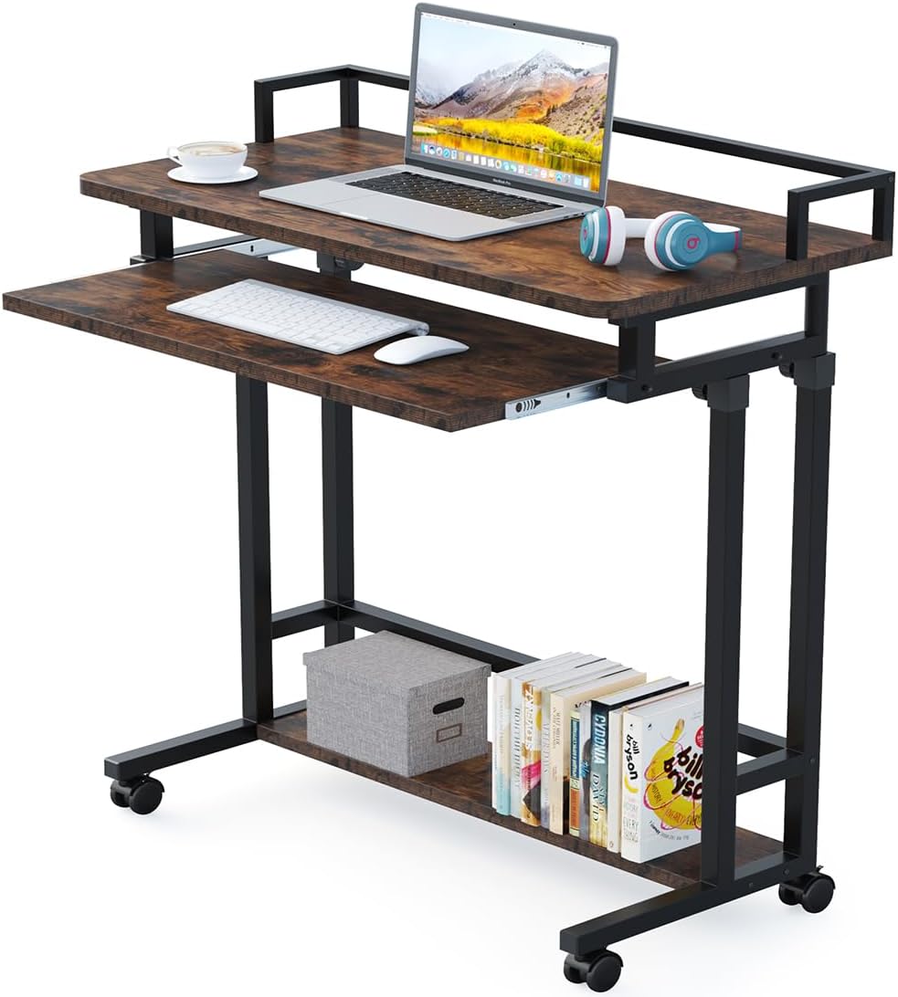 Tribesigns Rolling Portable Computer Desk, Adjustable Height Couch Sofa Table with Pull Out Keyboard Tray for Laptop, Mobile Standing Desk Bed Computer Cart for Small Space (rusti)