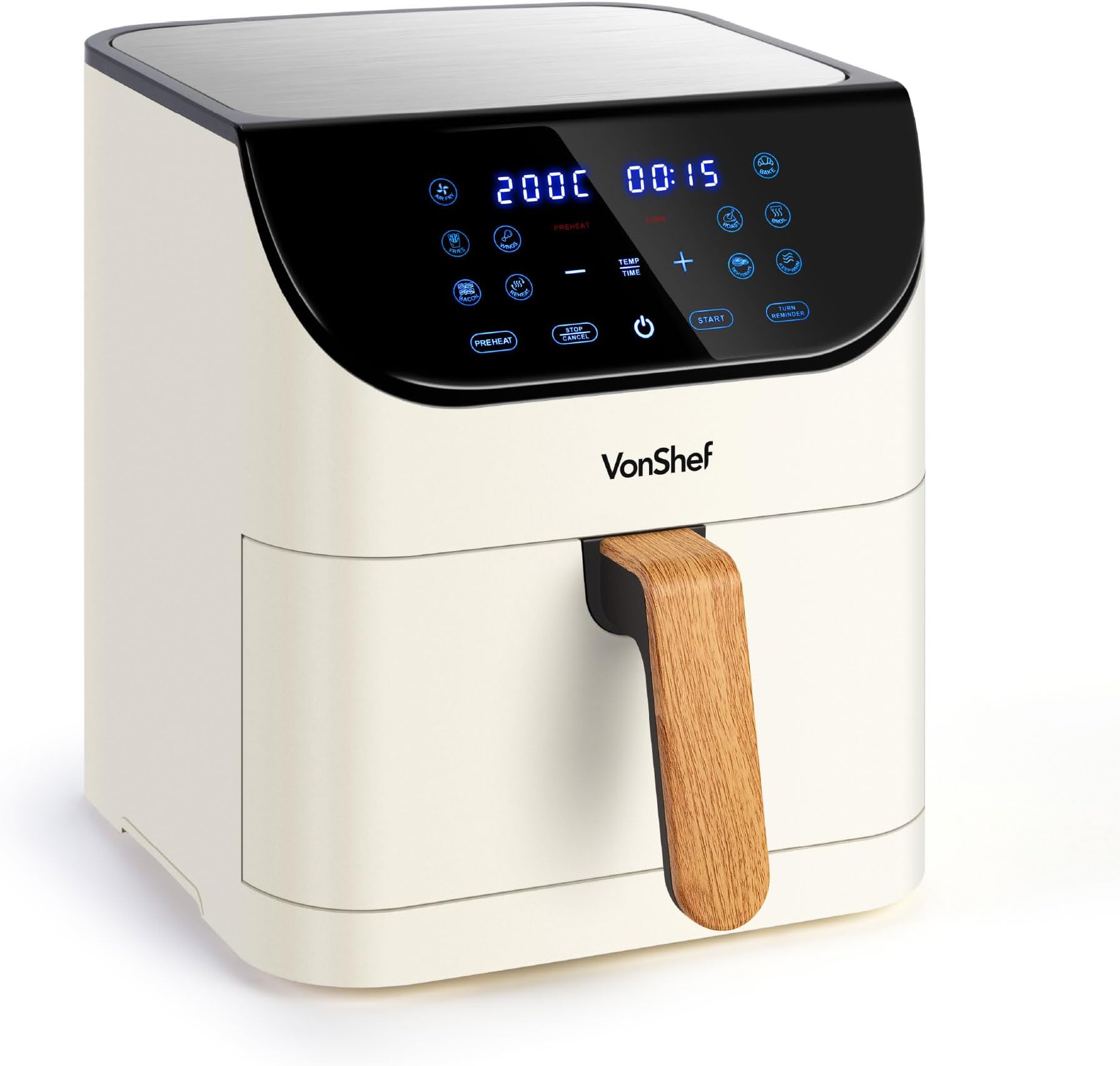 VonShef Air Fryer 6L - 1500W Compact 10-In-1 Airfryer, Rapid Air Technology, Digital LED Display, Nordic Design, 60 Min Timer, Non-Stick & Dishwasher-Safe, Healthy Oil-Free Cooking - Fika Range, Cream