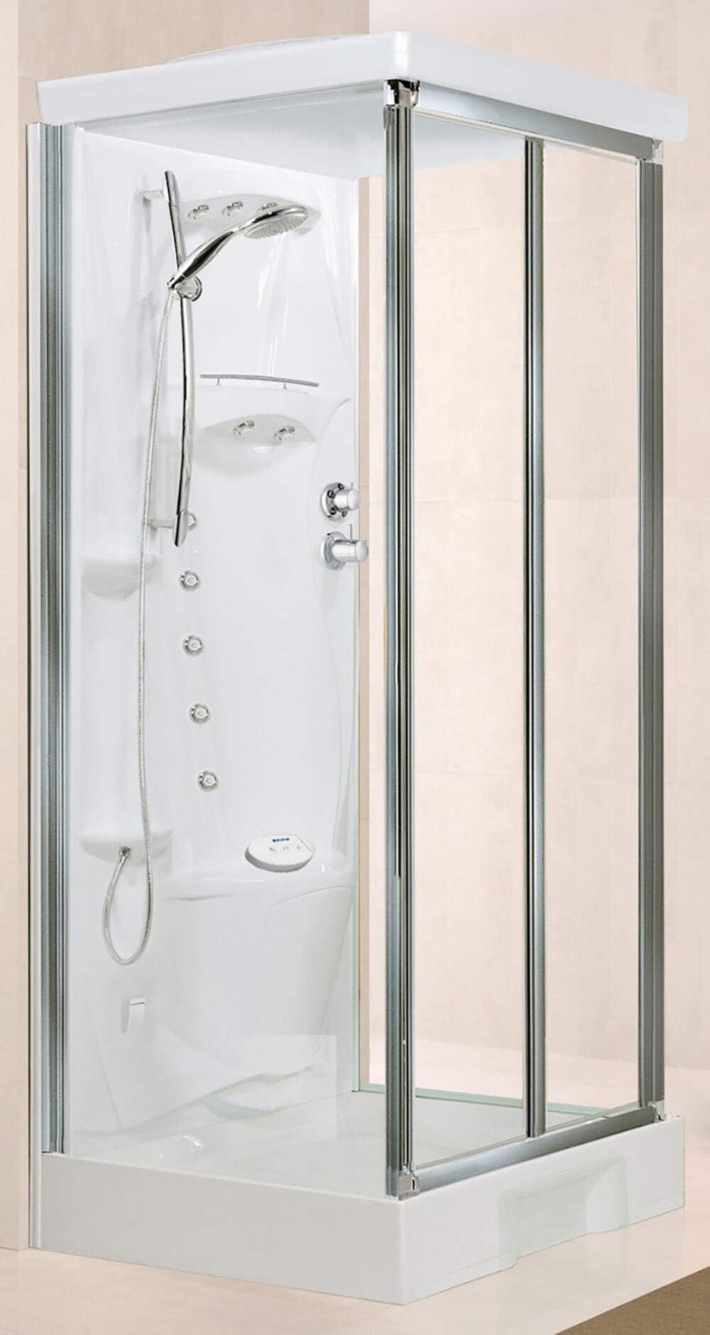 Novellini New Holiday S2F Hammam 100 x 80 cm Cabina de ducha multifunción apertura fuelle montaje pared mezclador termostático vidrio transparente perfil plata hidromasaje Sauna varilla alta 225,5 cm