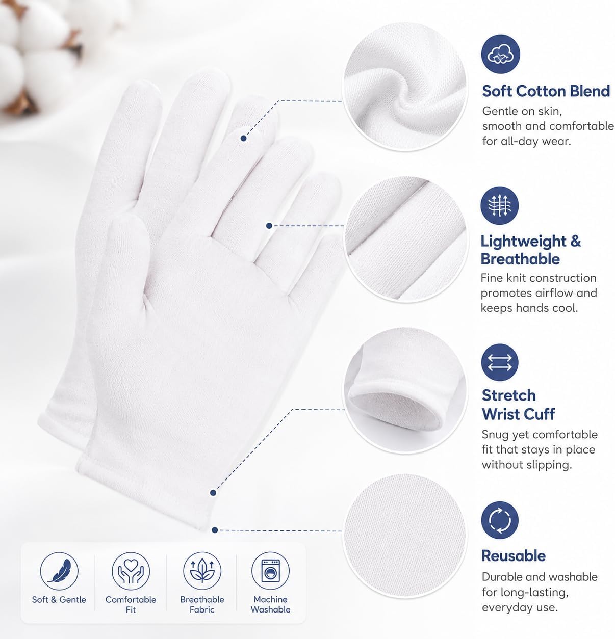 12 Pairs White Cloth Gloves, Soft Breathable Stretch Gloves for Jewelry, Coin Handling, Inspection, Photography, Serving, Costume, and Light Work,L size