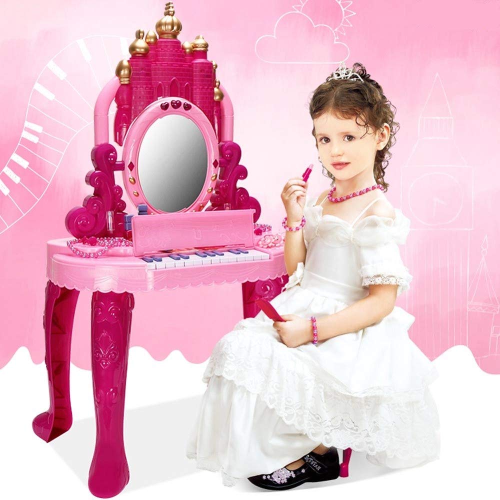 Trade Shop - Specchiera Make Up per Bambina con Luci Suoni Tastiera Pianola E Sgabello 2in1
