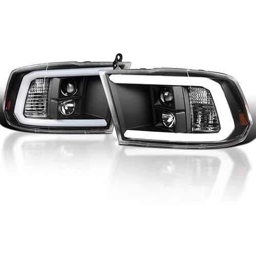 SPEC-D TUNING Black LED Light Bar Projector Headlights Compatible with 2009-2018 Dodge Ram 1500 2500 3500, Left + Right Pair Headlamps Assembly