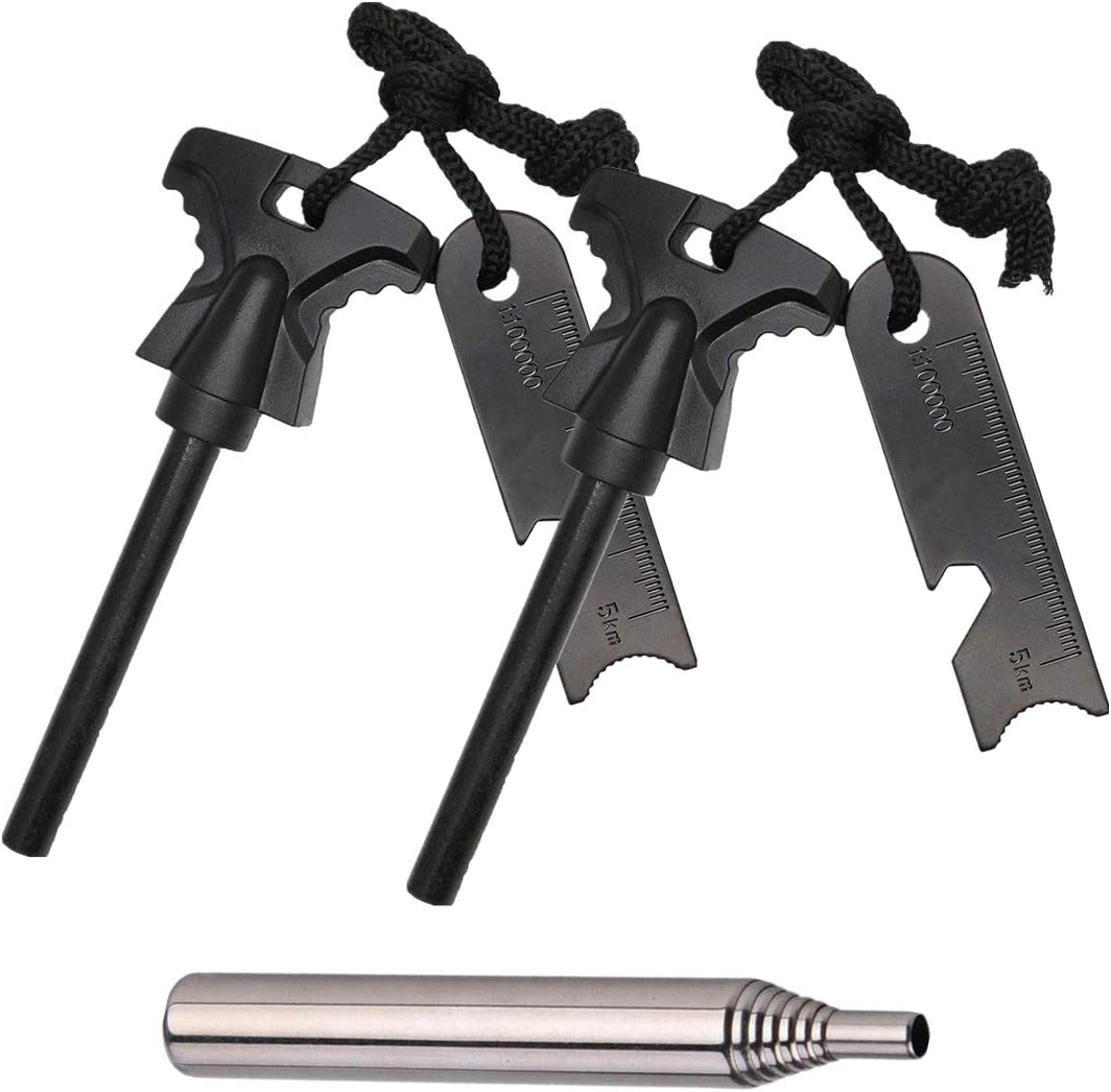 Emergency Survival Fire Starter Kit, RFWIN 2 Pack 5/16 Inch Thick Magnesium Ferro Rod Flint Steel, Pocket Size Fire Bellow Collapsible Blower Pipe, Campfire Blasting Tool for Camping, Hiking