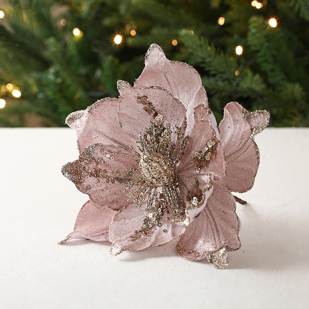 vctops 6 Pcs Poinsettia Artificial Flowers Christmas Tree Ornaments Velvet Glitter Magnolia Flowers for Xmas New Year Party Wedding Holiday DIY Decorations, Pink