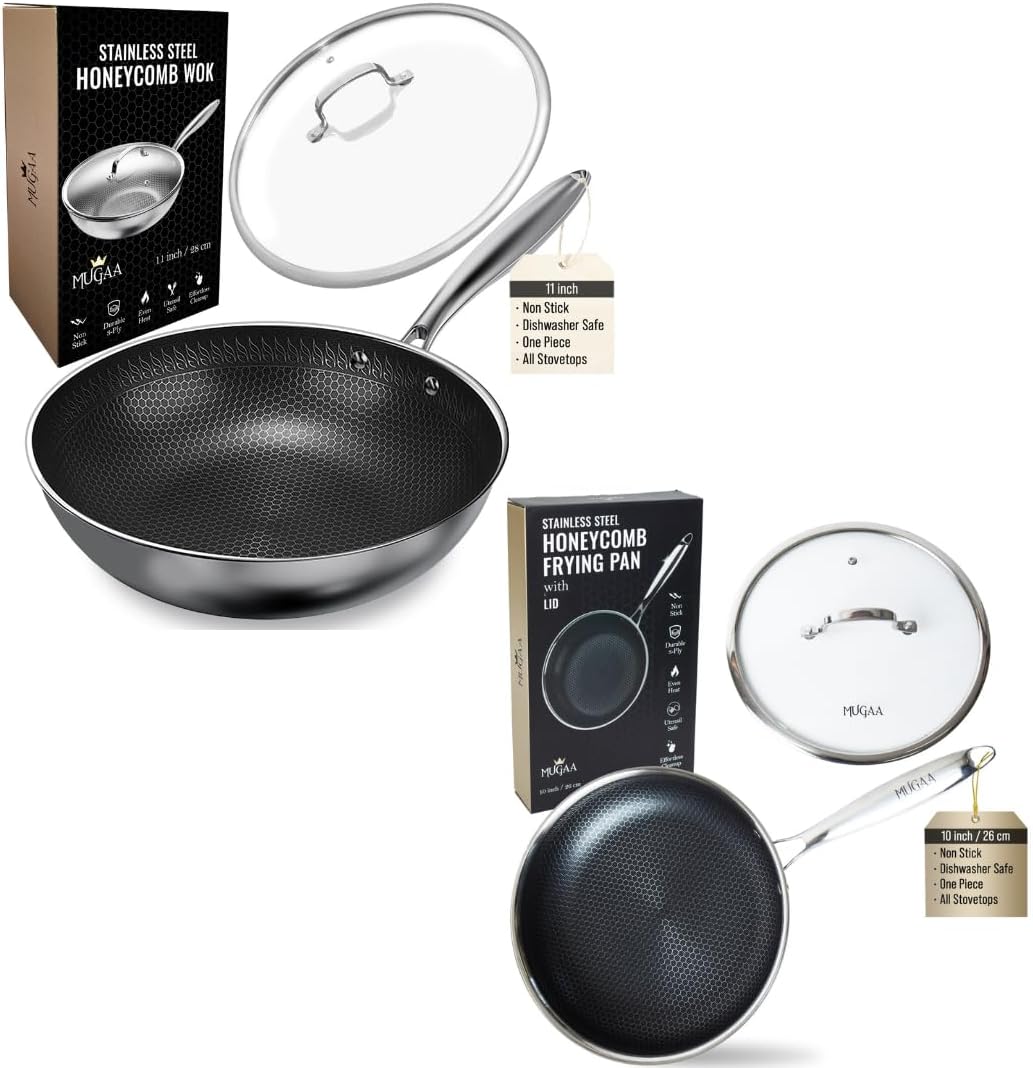 Nonstick Stainless Steel Pan Set – 11” Wok with Lid + 10” Frying Pan with Lid, Tri-Ply Honeycomb Hybrid Pans, Premium Kitchen Bundle
