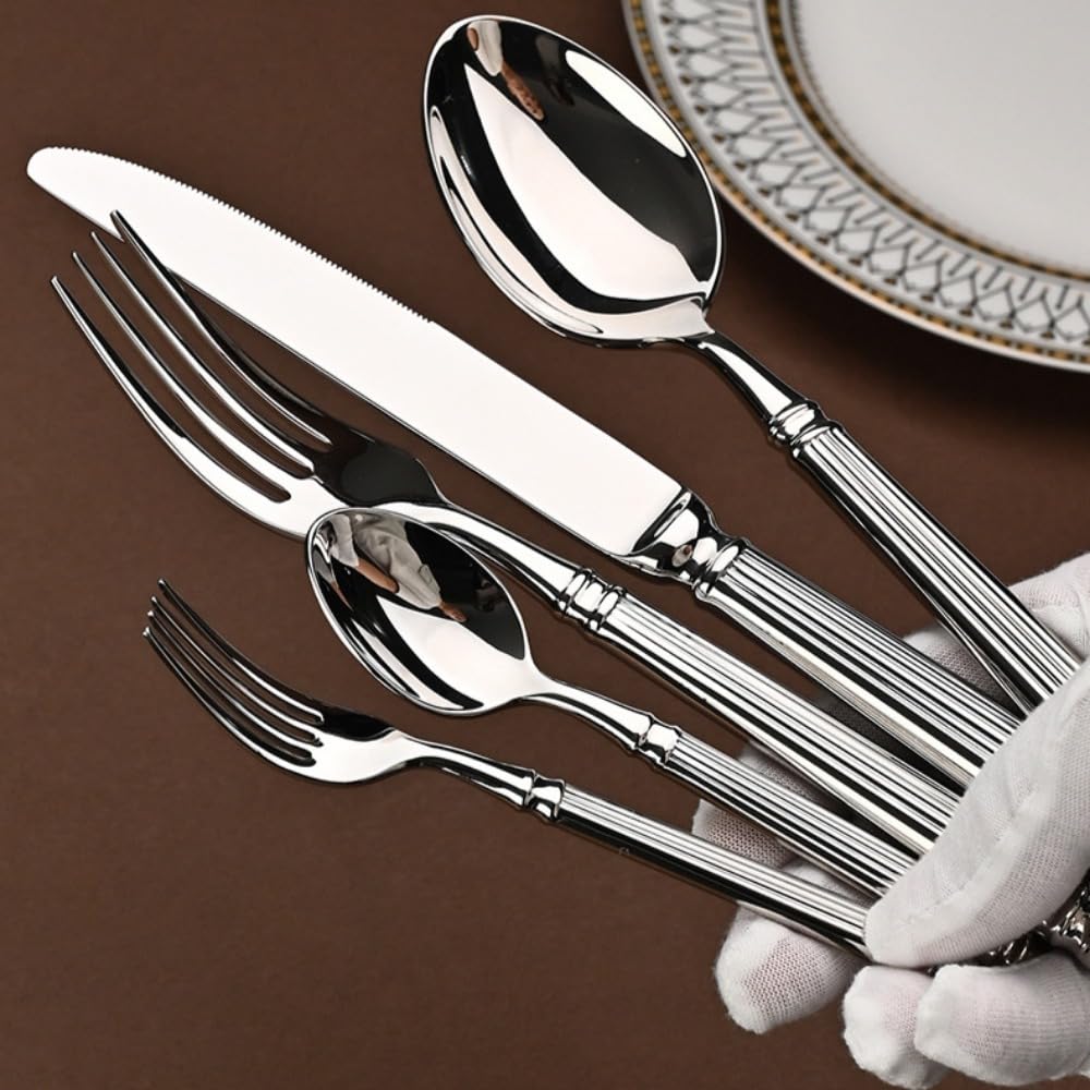 Luce Di Lusso Forgiato Solido Romano Colonna Manico Cucina Acciaio Inox Argenteria Stoviglie Posate Set Bistecca Coltello Forchetta Cucchiaio Cucchiaino (Argento,20 pezzi)