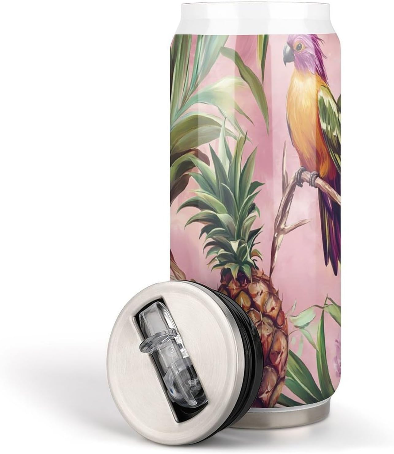 Tropical Floral Bird Pineapples Portable Cola Can Shaped Insulated Tumbler with Sippy Cup Lid for Hard Seltzer Beer Drinks