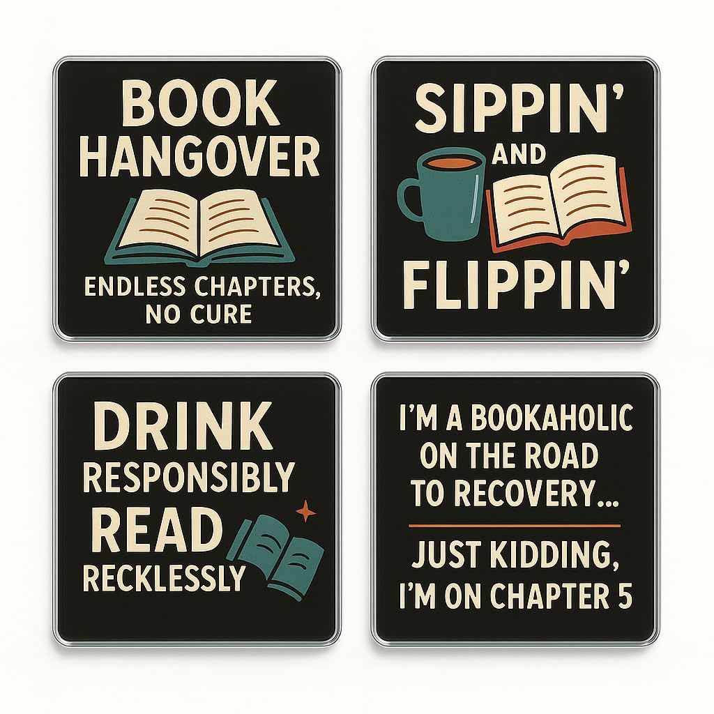 The Plum Penguin Lit Libations Acrylic Coaster Set Of 4 With Whimsical Book Lover Designs - Literary Vibes Collection For Reading Enthusiasts & Home Decor