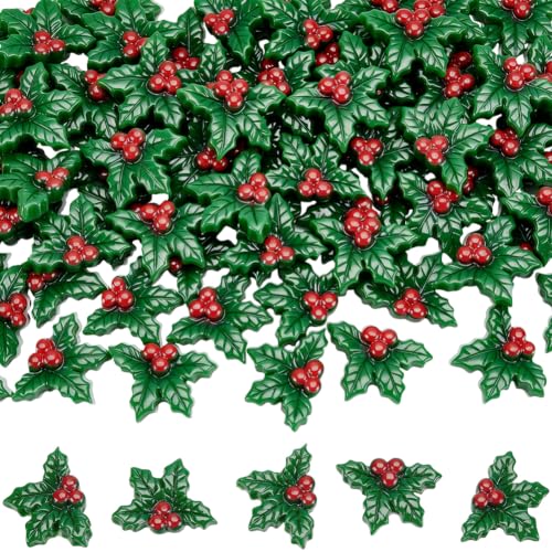 SUNNYCLUE 1 Box 80Pcs Holly Leaf Charms Christmas Holly Decor Resin Berry