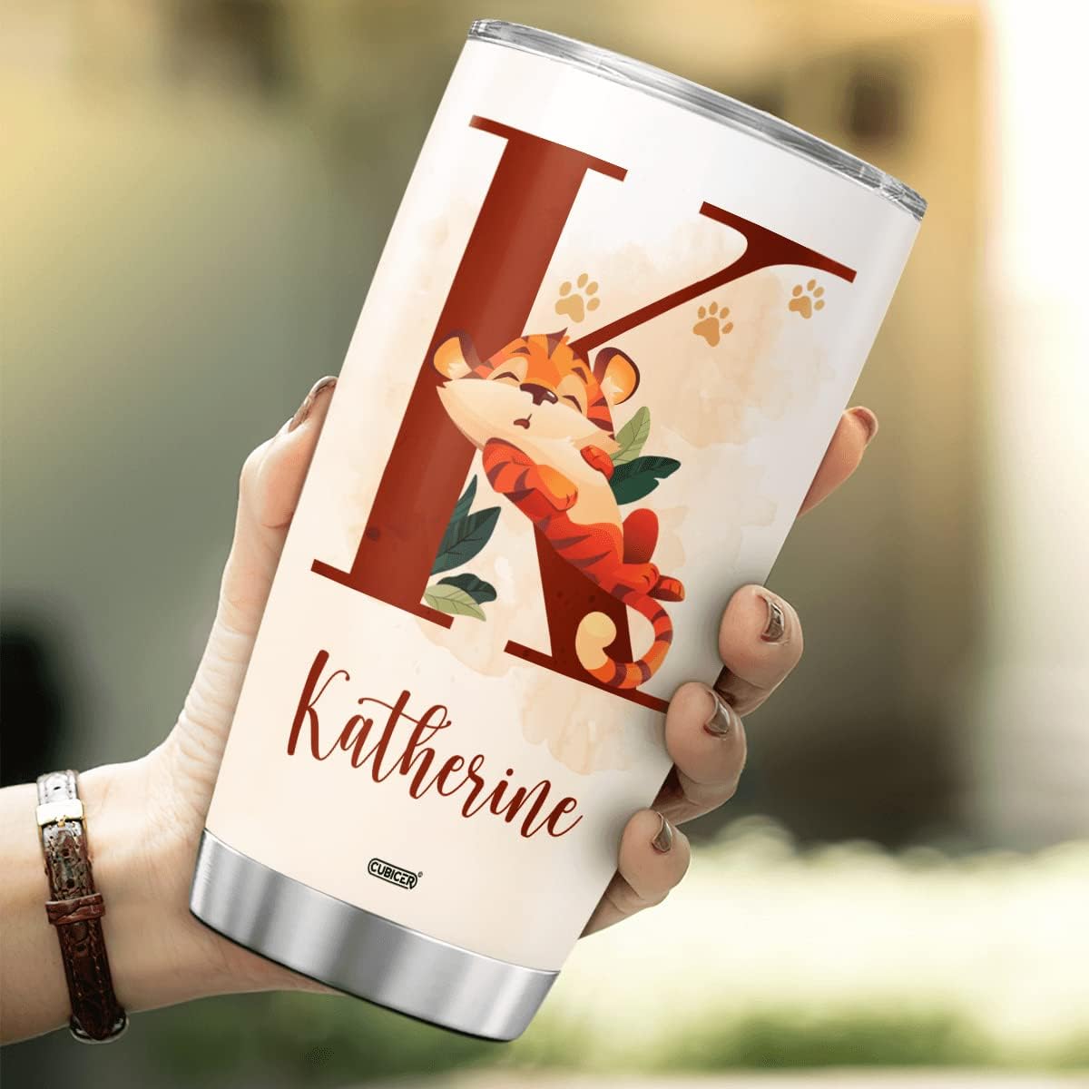 CUBICER Personalized Initial Coffee Tumbler Tiger Travel Mug Cute Animal Letter Tumblers Double Walled Stainless Steel Insulated Themed With Lid Cup Hot Cold Drinking Wine Glass