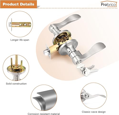 Miniatura 5 de Probrico - Paquete de 6 manijas de puerta de entrada, con llaves iguales, estilo ondulado, con acabado de níquel satinado, cerraduras para
