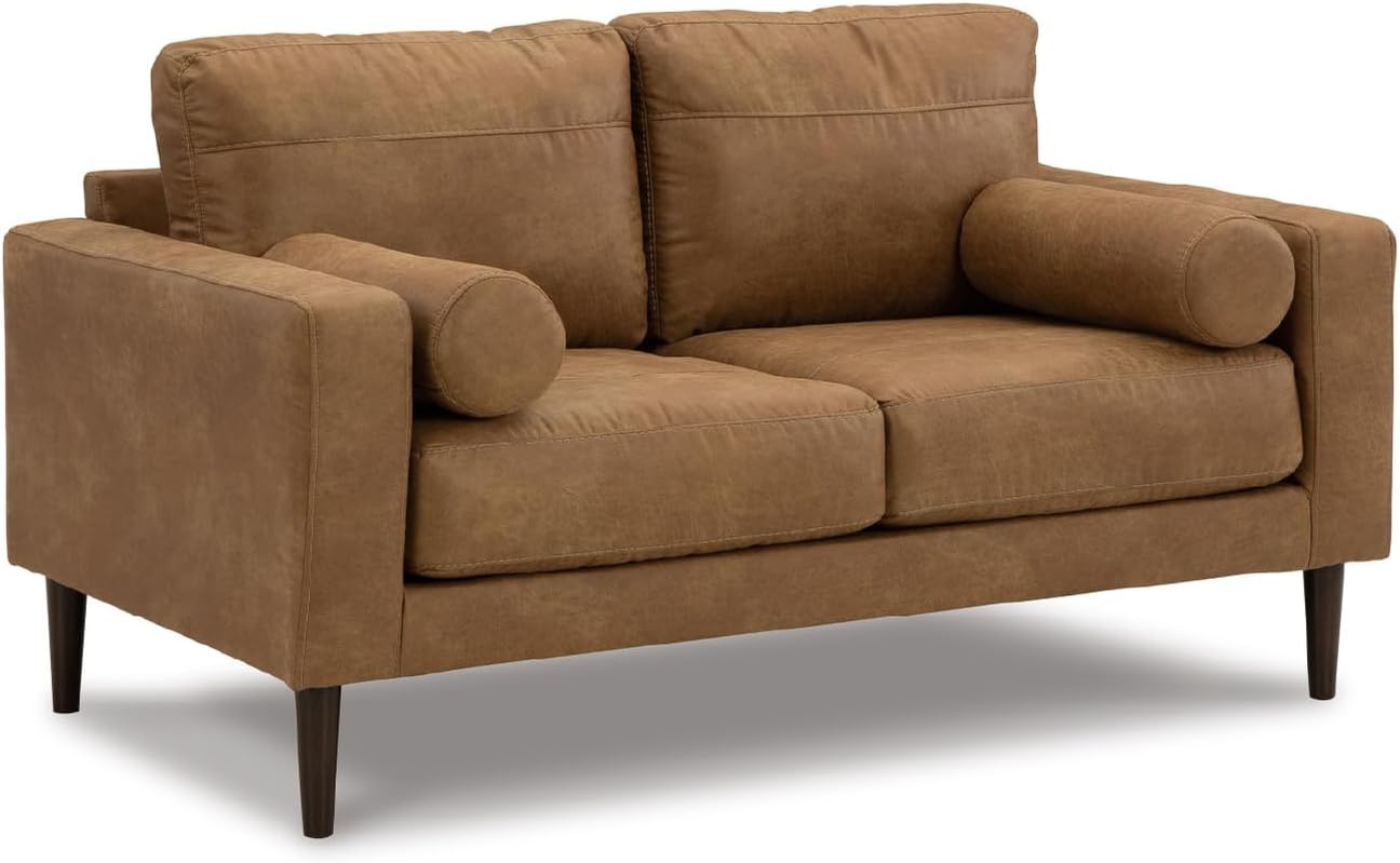 Signature Design by Ashley Telora Modern Faux Leather Loveseat with 2 Bolster Pillows, Dark Brown