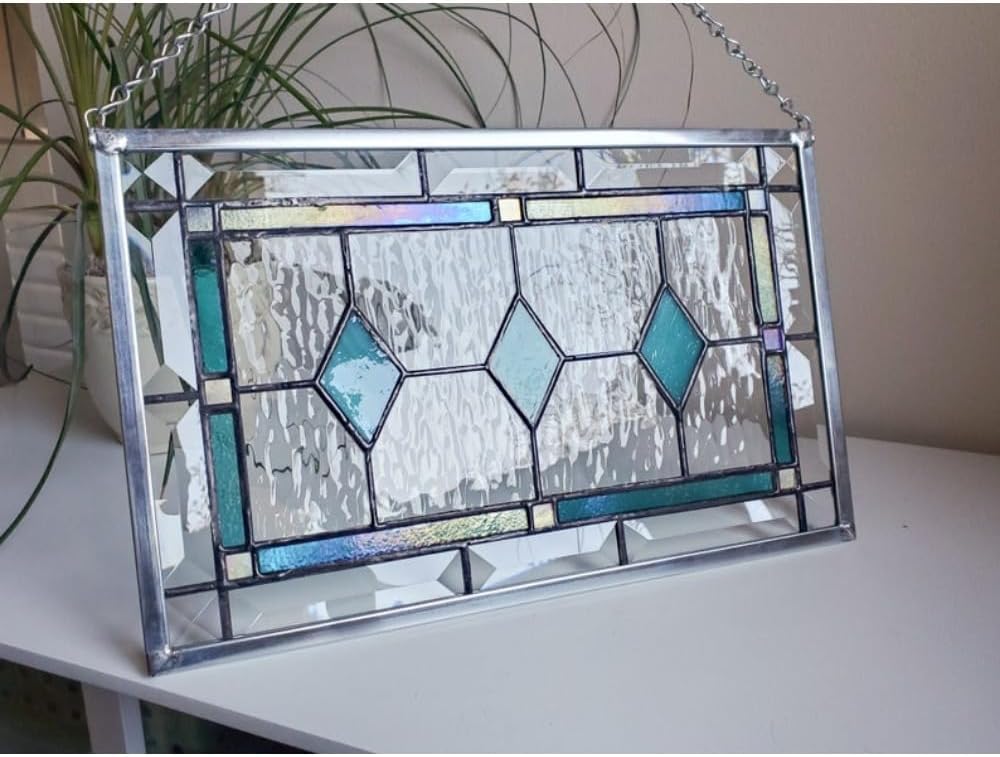 LIUMT Iridescent Teal Stained Glass Panel Suncatcher, Stained Glass Window Hanging, Wall Ornament, Wall Hanging, 14 "W x 9 "H, Art Suncatcher for Window Home Decor