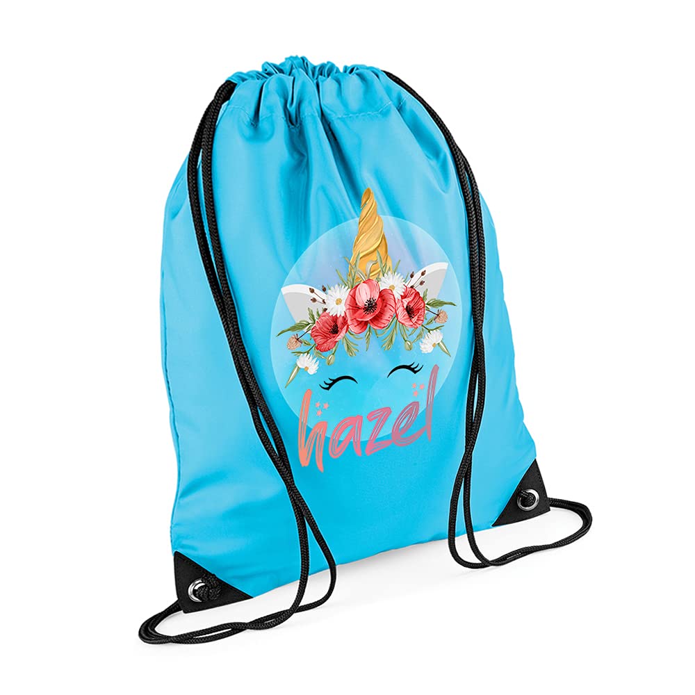 Giftme Personalised Unicorn Magicaly Stars Crown Castle Floral Girl ANY NAME Kids Birthda Back To School Drawstring Bag, PE Gym Kit, Swimming Rucksack. (Surf Blue)